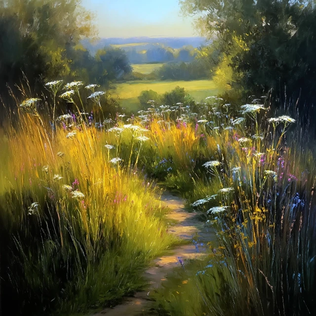 Idyllic Countryside Path Golden Light Landscape Art