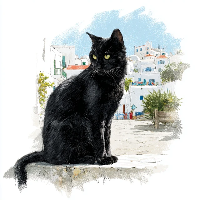 Black Cat Sticker Illustration Greek Village Style