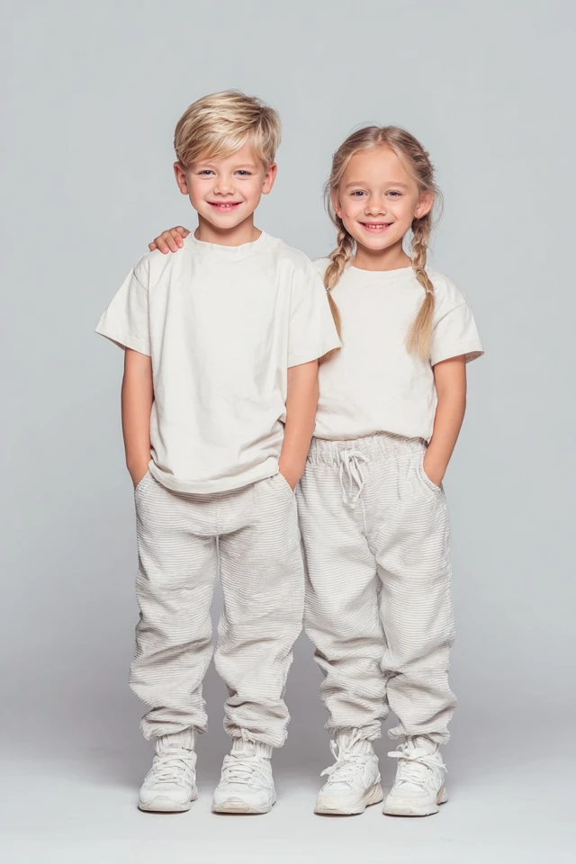 Kids Clothing Promo European Boy Girl Smiling Studio Shot