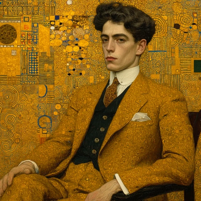 Handsome Man Portrait in Oil Painting Gold Background