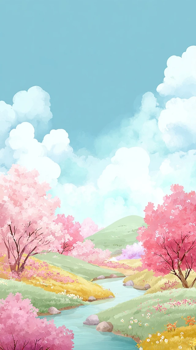 Spring Landscape Watercolor Cherry Blossoms