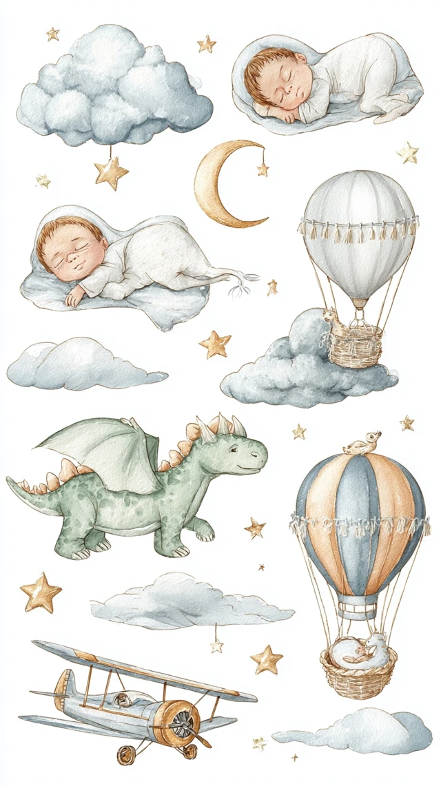 Cute Baby Clipart Watercolor Elements in Pastel Tones