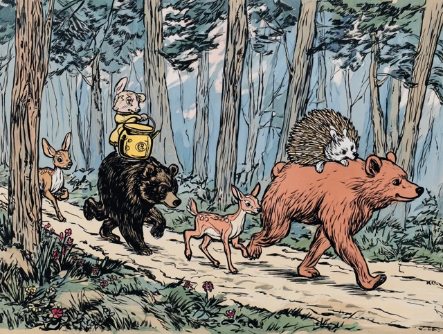 Animals Procession Through Misty Woods Illustration