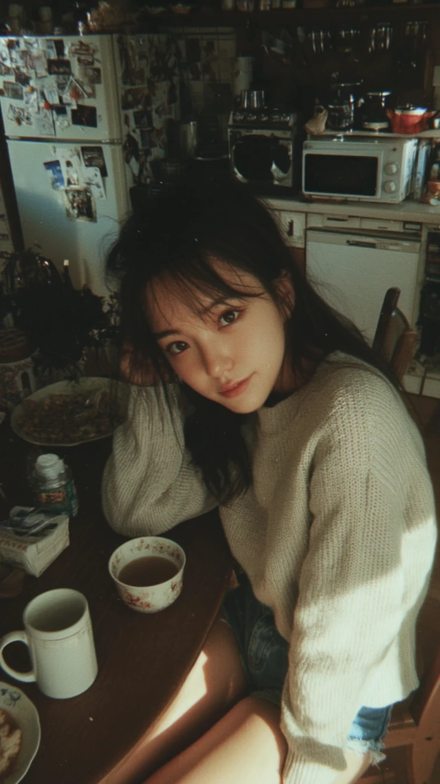 Young Woman with Coffee: Grainy, Asian, Cozy Scene
