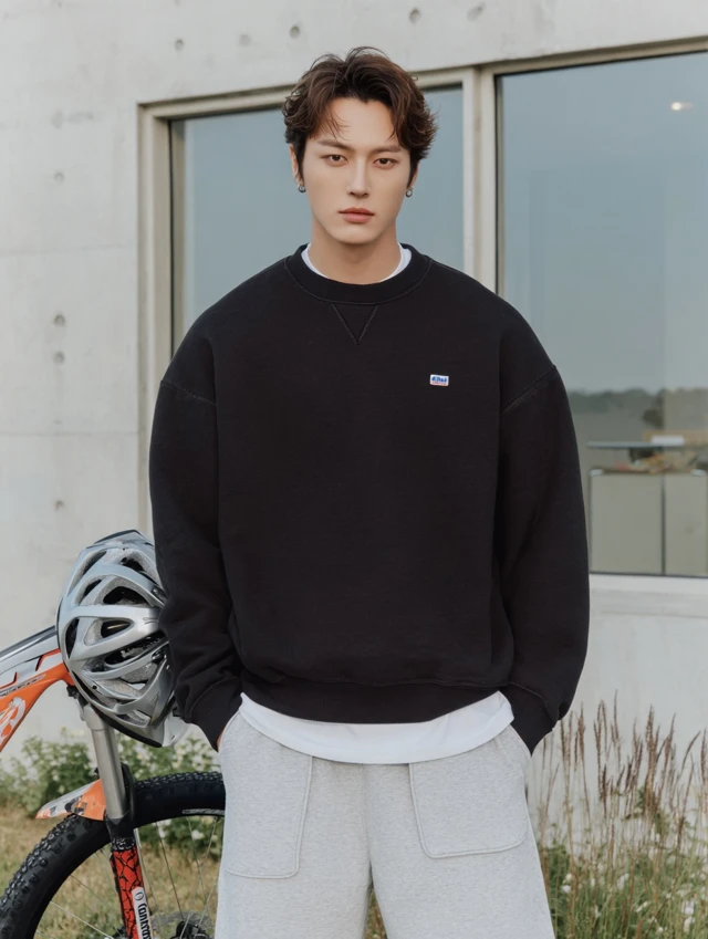 Streetwear Fashion Model with Bike Helmet and Modern Building