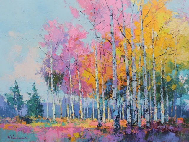 Colorful Aspen Forest Painting Inspired by Wileman