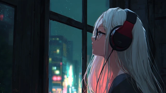 Anime Girl with Headphones Night City View