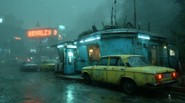 Retro Futuristic Scene Misty Streets and Neon Lights