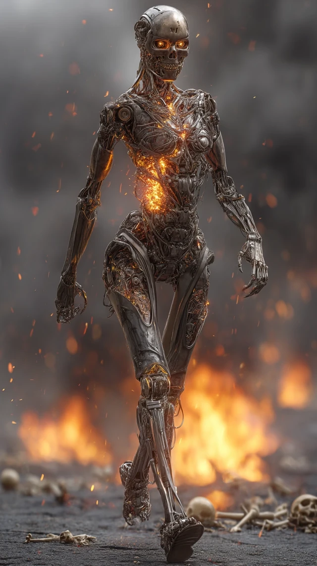 Terminator Robot in Fiery Battlefield