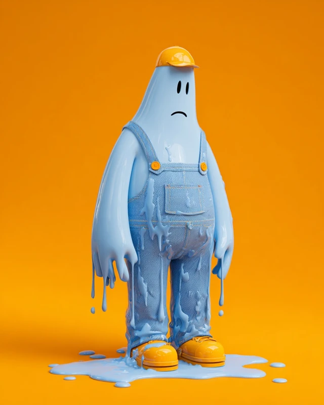 Pixar 3D Character Melting Down on Orange Background