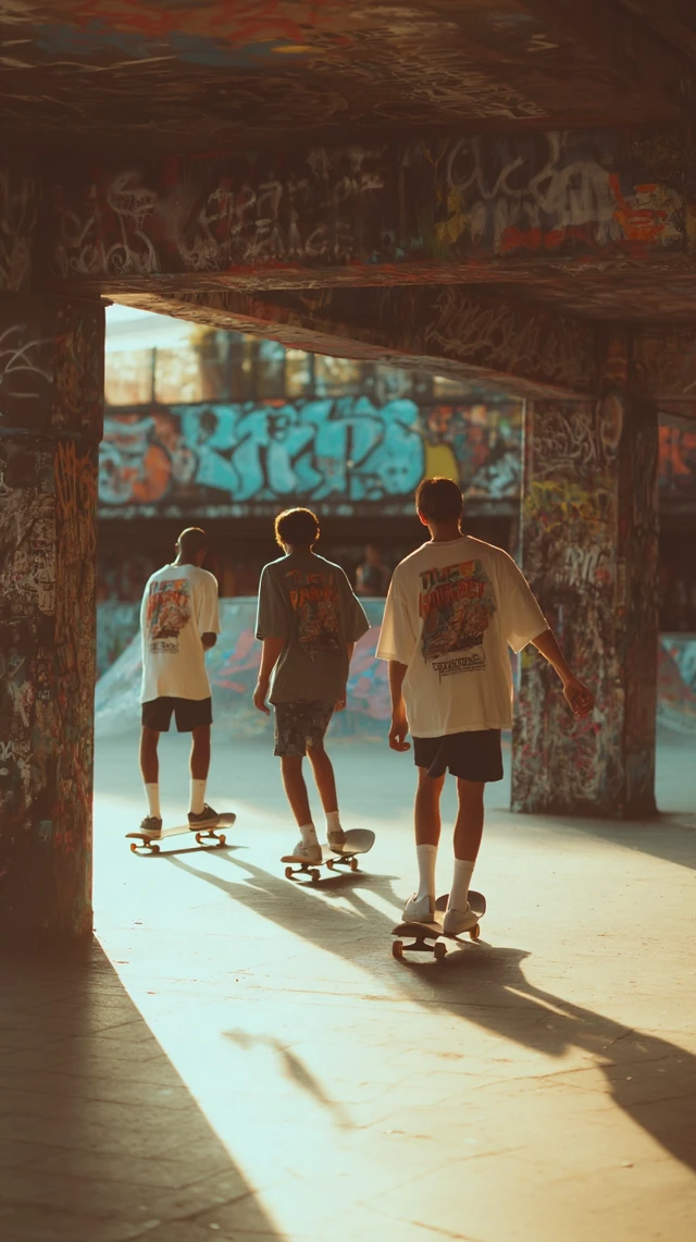 Skateboarding Scene with Graffiti and Harsh Sunlight
