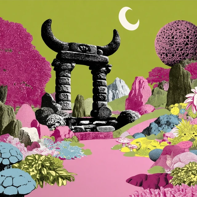 Surreal Garden Scene with Moon and Stone Gate