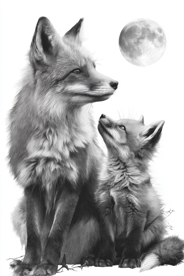 Fox Family Staring at the Moon Art