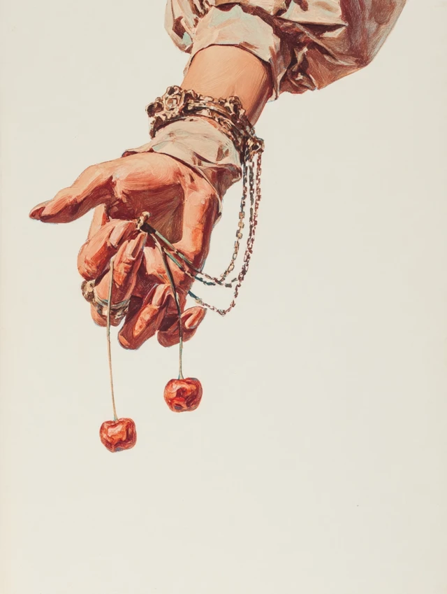 Vintage Pulp Art Hand Holding Cherries Close Up