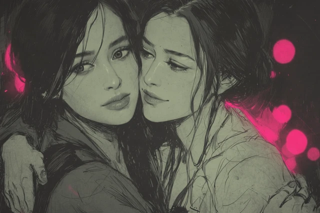Women Embracing Anime Painting