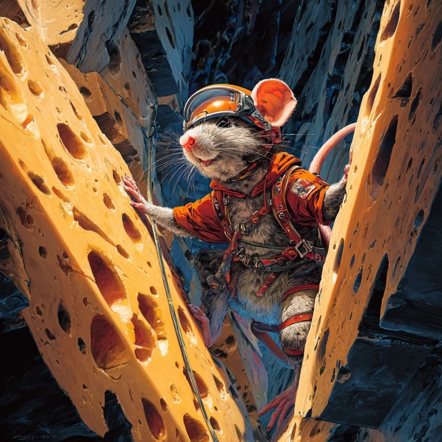 Courageous Mouse Rappelling Down Swiss Cheese
