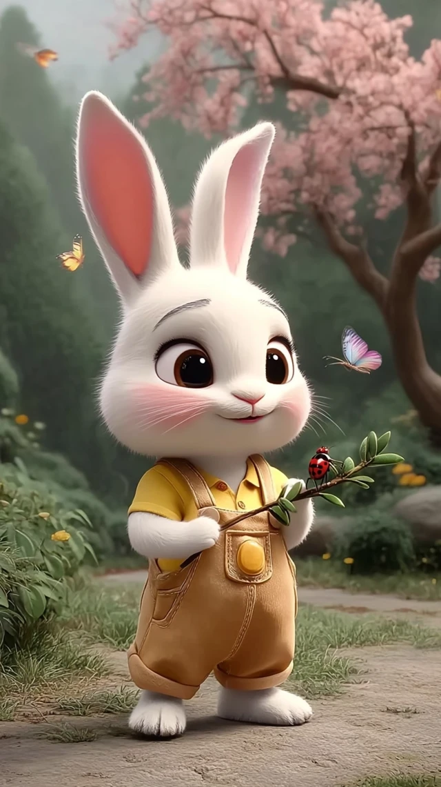 Cute Rabbit with Ant and Ladybug in a Fairy Tale World