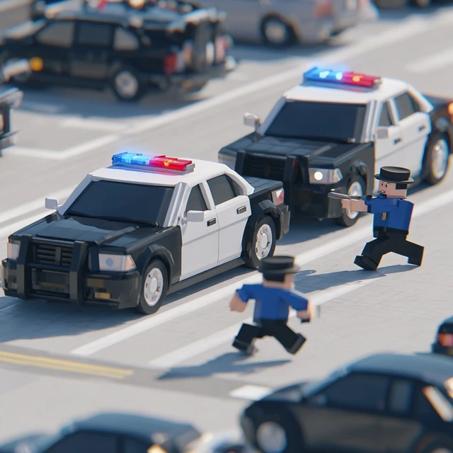 Police Cars and Officers in a 3D Cartoon Scene