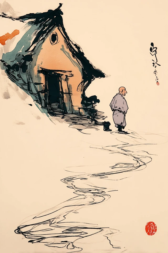 Japanese Sumi e Ink Painting Rural Scene