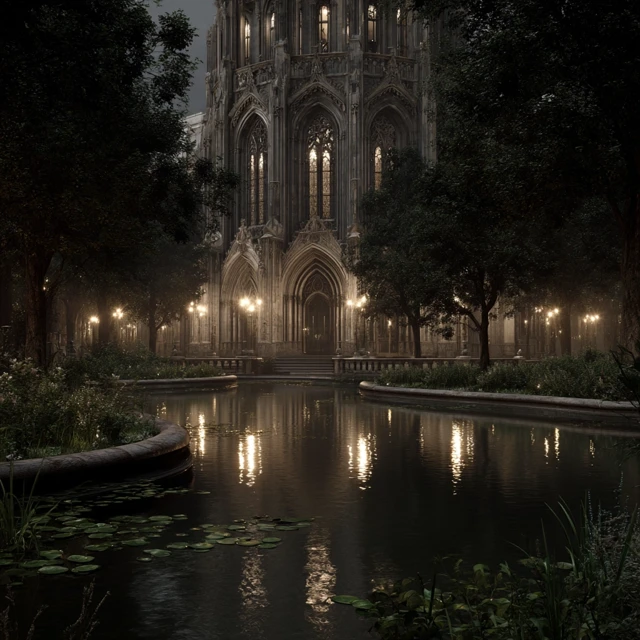 Gothic Fantasy Park with Dramatic Lighting and Architecture