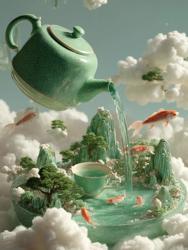 Whimsical Cloud Kingdom Tea Ceremony Art