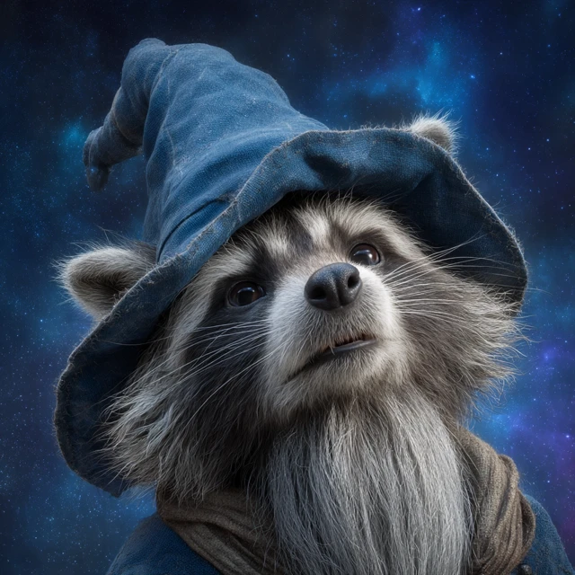 Wizard Raccoon Portrait with Cosmic Background
