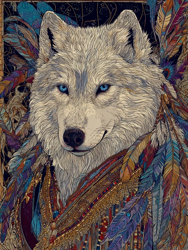White Wolf in Native American Attire Art