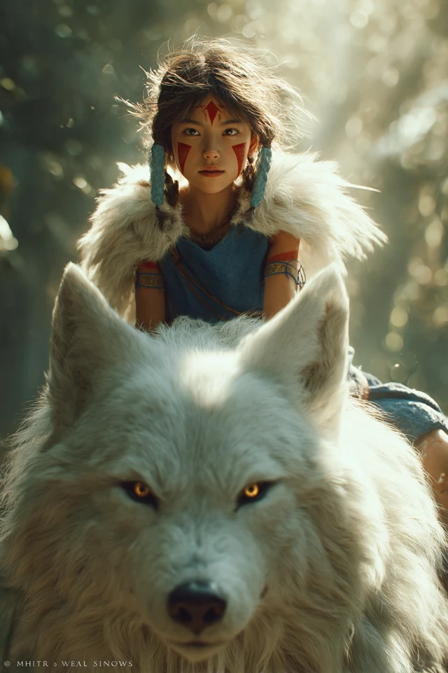 Young Girl and White Wolf in Mystical Forest Photo