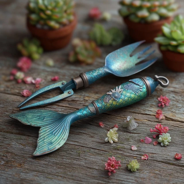 Mermaid Garden Tool Set Handcrafted Shovel and Fork