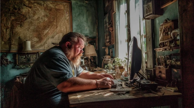 Man in Farmhouse Typing Email
