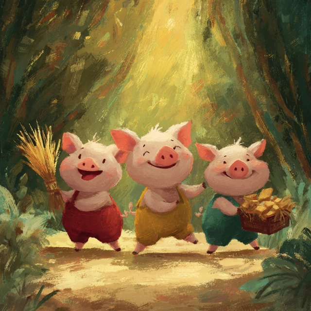 Three Little Piglets in the Forest Storybook Illustration