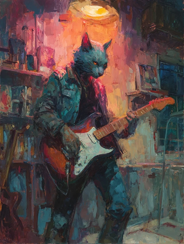 Cat Head Musician Playing Guitar Whimsical Art