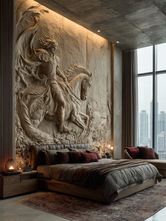 Luxury Bedroom with Horse Relief Mural