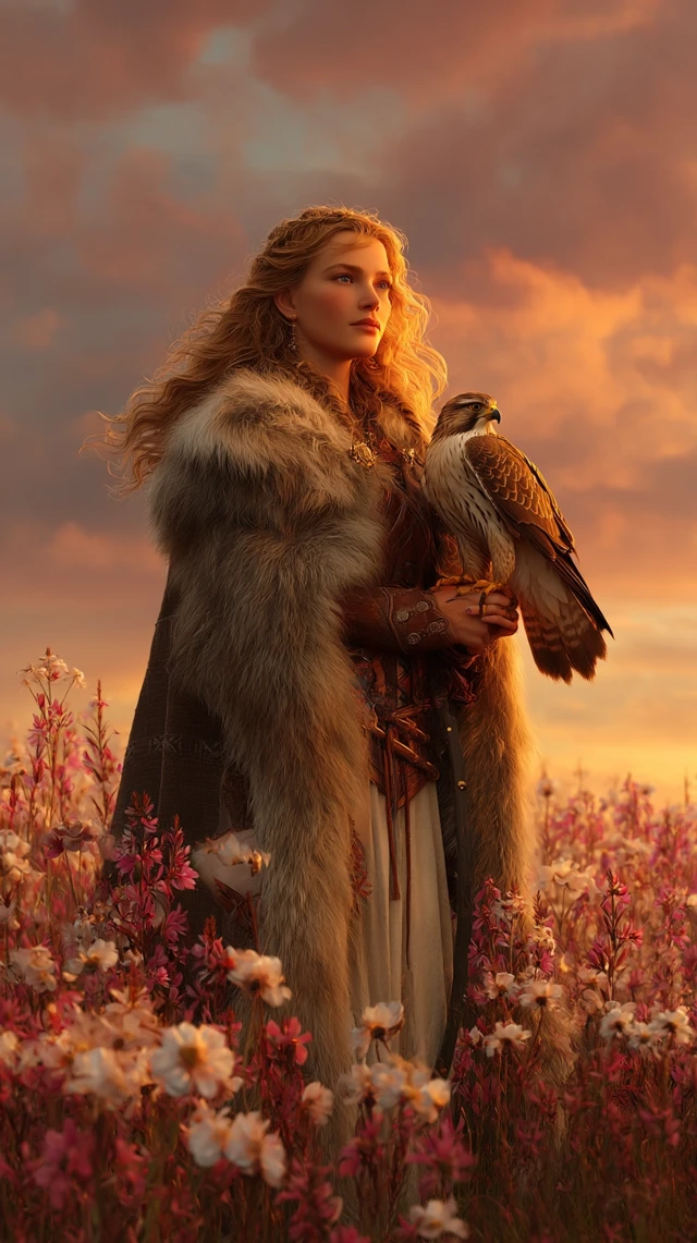 Norse Goddess in a Field of Flowers Falcon Sunset