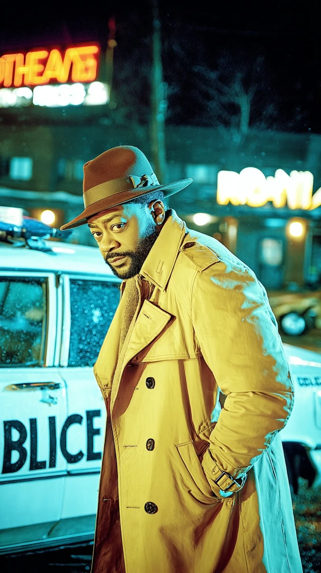 Noir Detective Investigating a Crime Scene