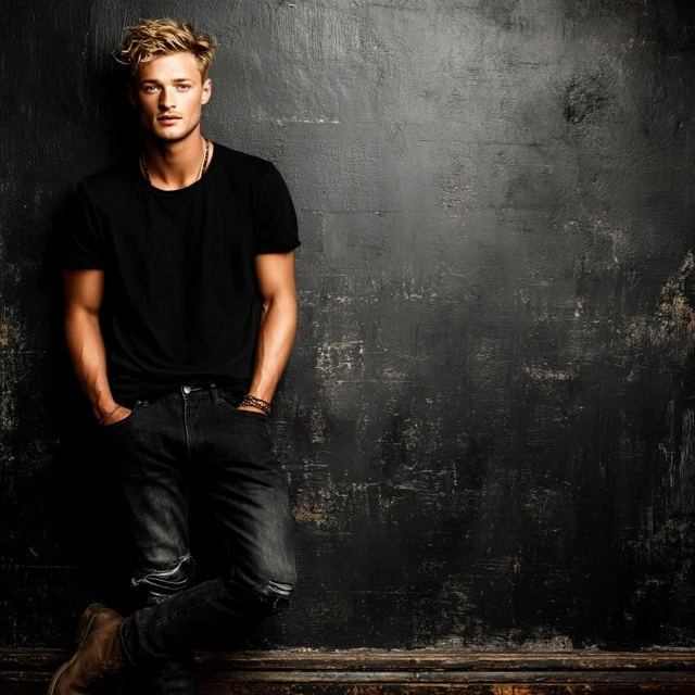 Blonde Male Model in Black TShirt and Jeans