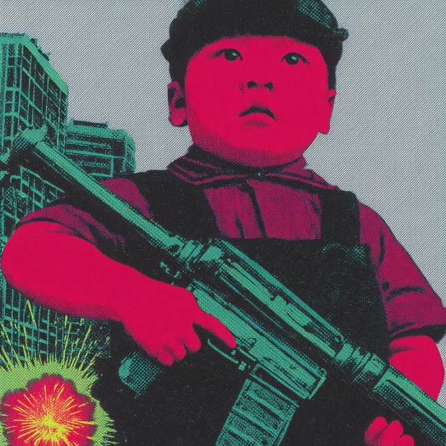 Asian Boy in Uniform with Weapon War Scene