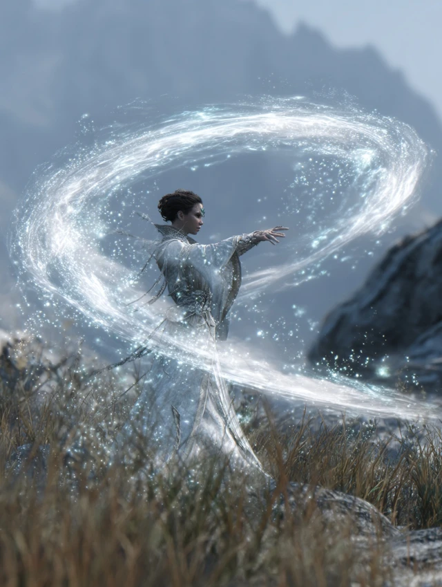 Mist Mage Casting Magic in a Fantasy Landscape
