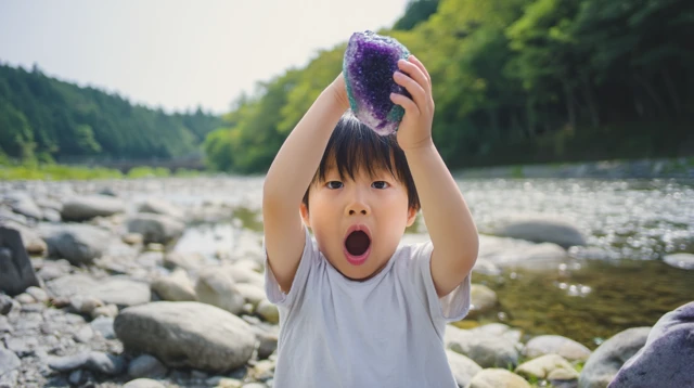 Japanese Child Finds Crystal Treasure Riverside