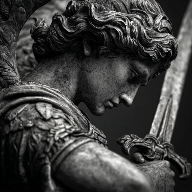 St Michael Statue Holding Sword Side Profile Black and Grey