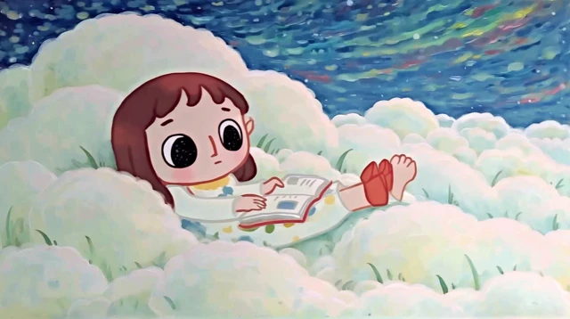 Girl on Cloud Reading Book Cartoon Illustration