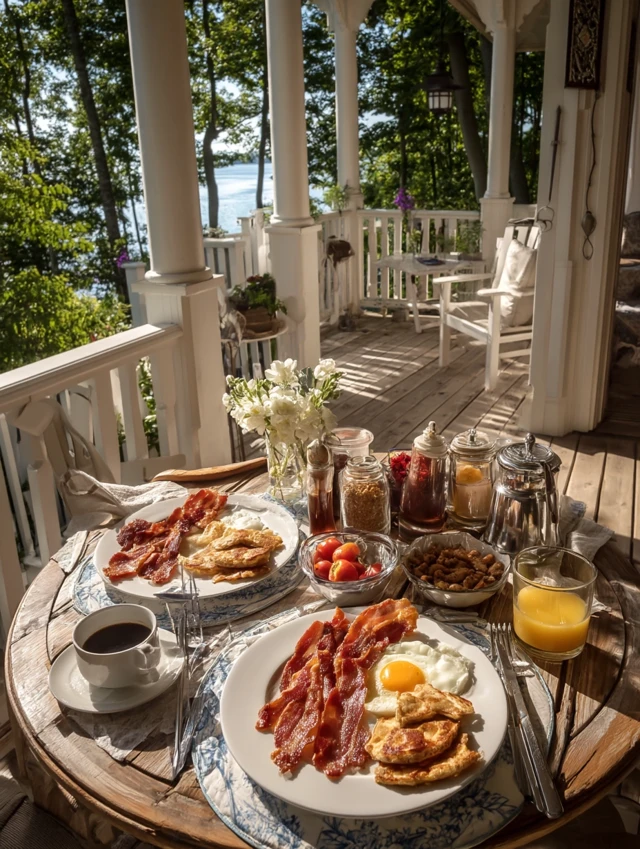 Luxury Breakfast on Porch Bacon and Eggs