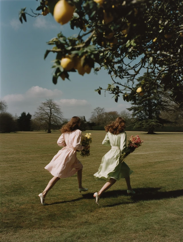 Women Running with Flowers Spring Fashion Editorial