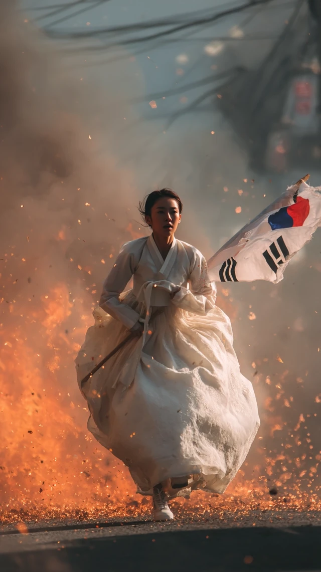 Korean Girl Hanbok Burning Street Action
