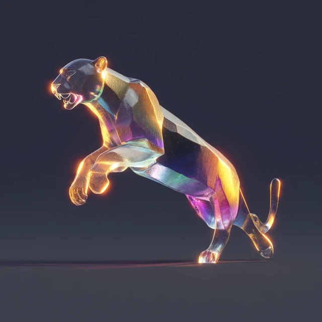 Crystal Cheetah Sculpture Jumping with Colorful Light