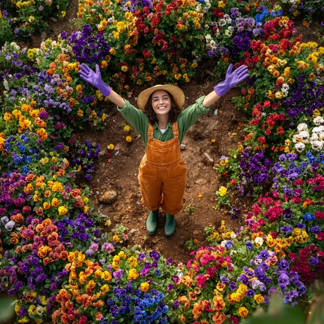 Happy Gardener with Colorful Pansy Flowers