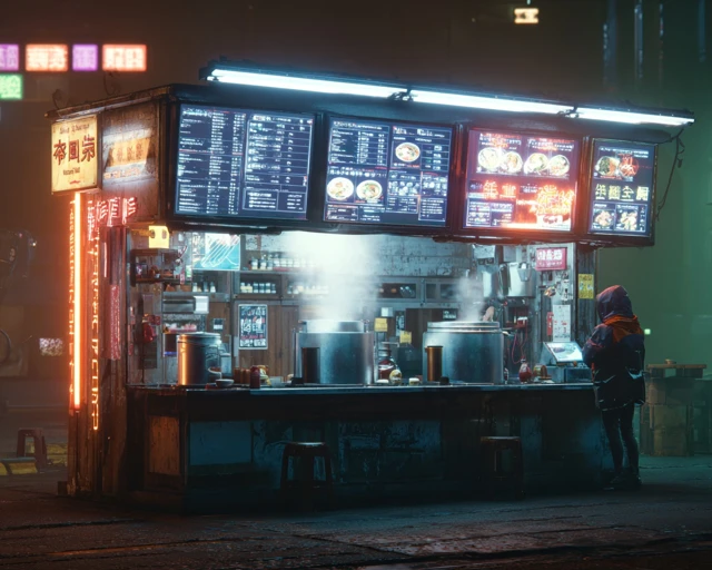 Cyberpunk Noodle Stall Neon City Lights