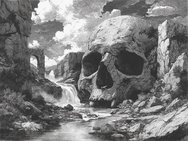 Giant Skull Waterfall Black and White Painting