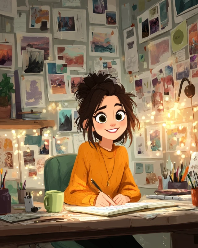 Cartoon Designer at Desk with Inspiration Board