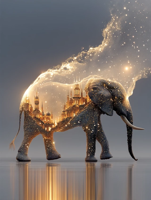 Surreal Elephant Dreamscape: Golden Stars and Masterpiece